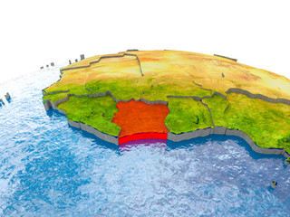 Ivory Coast on model of Earth