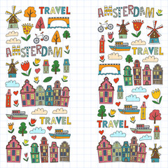 Vector pattern with Amsterdam city House, architecture, mill, tulip. Holland doodle icon