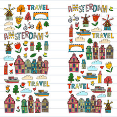 Vector pattern with Amsterdam city House, architecture, mill, tulip. Holland doodle icon