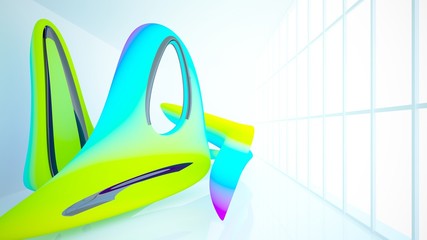 Abstract dynamic interior with black and colored gradient smooth objects. 3D illustration and rendering