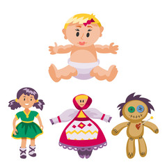 Different dolls toy character game dress and farm scarecrow rag-doll vector illustration