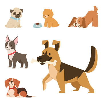 Puppy cute playing dogs characters funny purebred comic happy mammal doggy breed vector illustration.