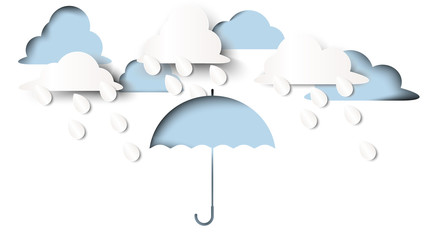 Cloud, raindrops falling on umbrella, paper art/paper cutting style