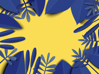 Fototapeta na wymiar Blue leaves on yellow background, paper art/paper cutting style