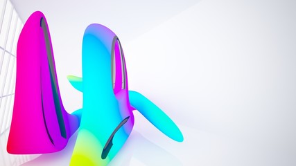 Abstract dynamic interior with black and colored gradient smooth objects. 3D illustration and rendering