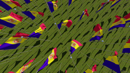 Many flags of Andorra view from above in green field in sunny day. Three dimensional rendering 3D illustration.