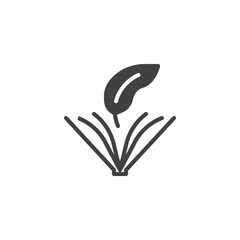 Opened book with ink feather vector icon. filled flat sign for mobile concept and web design. Book write simple solid icon. Copyright symbol, logo illustration. Pixel perfect vector graphics