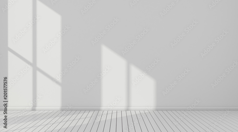 Poster 3d stimulate of white room interior and wood plank floor with sun light cast the window shadow on th