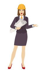 Businesswoman in construction helmet holding the project plans and gesturing