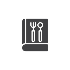Book with fork and spoon vector icon. filled flat sign for mobile concept and web design. Recipes cookbook simple solid icon. Symbol, logo illustration. Pixel perfect vector graphics