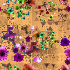 Retro style colorful seamless pattern with different flowers and geometric shapes.