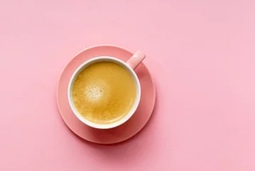 Foto op Plexiglas coffee in pink pastel table top view © Maksim Shebeko