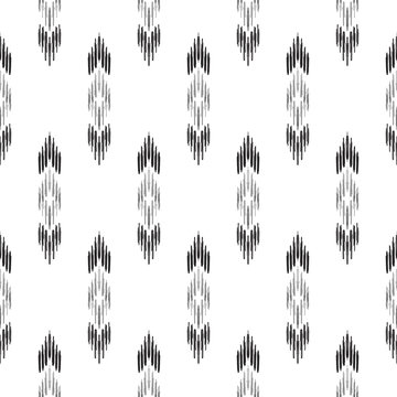 Black and white ikat tribal textile modern pattern. Seamless background. Graphic design for cover, rug, carpet, wallpaper, clothing, wrapping, fabric. Vector illustration.