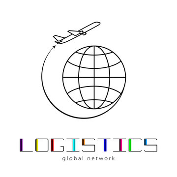 Global logistics network. Map global logistics partnership connection. Airplane connections network concept and colorful lettering.  Flat design. Vector illustration EPS10.