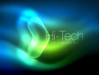 Blurred arrows in dark space. Neon pointers, glass glossy design, abstract shiny techno background, web banner