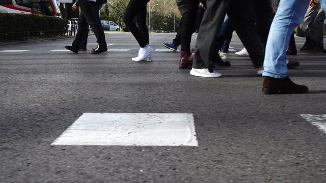 People cross the road on the crosswalk. Slow motion.