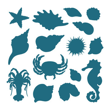 Vector set of crab, sea horse, starfish, cancer, seashells