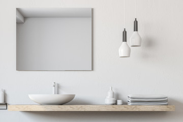 Bathroom sink, square mirror close up - obrazy, fototapety, plakaty