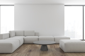 White living room interior, white sofa
