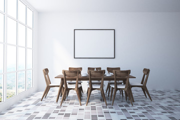 White dining room interior, poster, wooden chairs