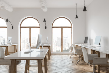 Loft white open space office, side view