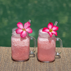 Grapefruit shake or smoothie, close up. Breakfast in island Bali, Indonesia