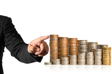 hand pointing coins stack isolated