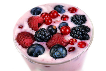 Yogurt. Fresh homemade yogurt with berries in glass jars