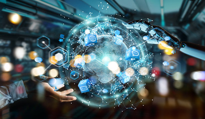 White robot hand using digital screen interface 3D rendering