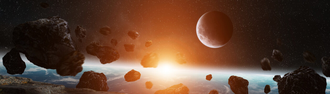 Panoramic view of planet Earth with asteroids flying close 3D rendering elements of this image furnished by NASA