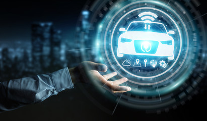 Businessman using modern smart car interface 3D rendering