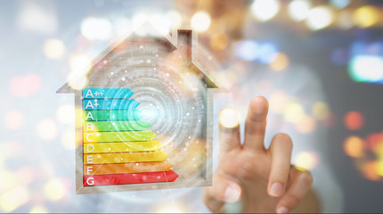 Businesswoman using 3D rendering energy rating chart in a wooden house