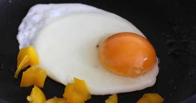 Cooking eggs in a frying pan for a breakfast