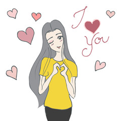Women illustrate with heart love sign and hand drawn I love you.
