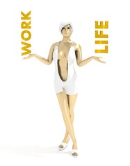 Young lady holding a words. Balance between work and life. 3D rendering. Short elegant dress. Metallic material