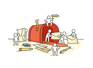Sketch of working little people with open mailbox