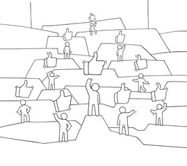 Crowd of working little people with like sings.