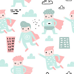 Childish Seamless Pattern with Boy Super Hero. Children Background with Brave Baby Boys for Fabric, Print, Wrapping, Wallpaper. Vector illustration