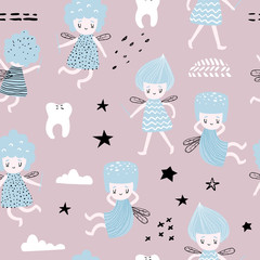 Childish Seamless Pattern with Cute Fairy. Fairytale Girlish Background for Fabric, Print, Wrapping, Wallpaper. Vector illustration