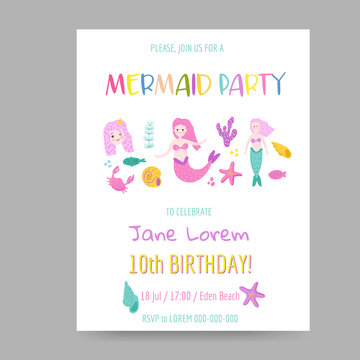 Childish Birthday Invitation Template with Cute Mermaid and Underwater Creatures. Girls Celebration Party Decoration. Hand Drawn Greeting, Baby Shower. Vector illustration