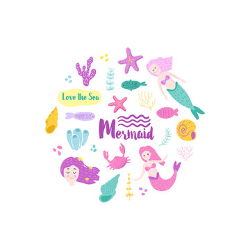 Childish Card with Cute Mermaids and Underwater Creatures