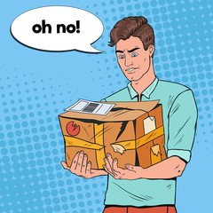 Pop Art Unhappy Man Holding Damaged Parcel. Unprofessional Delivery Service. Guy with Cracked Package. Vector illustration