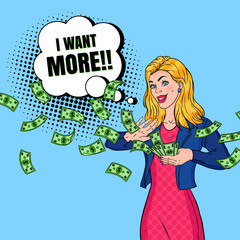 Pop Art Rich Woman Throwing Dollar Banknotes. Successful Blonde Girl with Money. Vector illustration