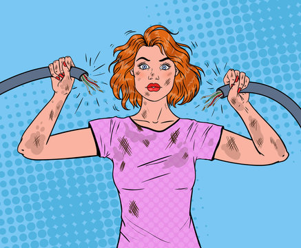 Pop Art Beautiful Woman Holding Broken Electrical Cable after Domestic Accident. Vector illustration