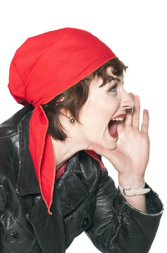 A girl is a communist in a red kerchief.