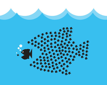 Little Fish Eat Big Fish. Unity, Teamwork, Organize Concept. Fishes unite fight with big fish. vector illustration