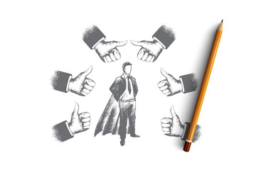 Successful businessman concept. Hand drawn businessman in superhero costume. Person surrounded by gesture thumbs up isolated vector illustration.