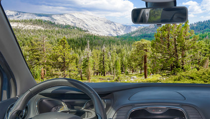 Car windshield with view of Yosemite National Park, USA