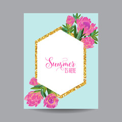 Blooming Spring and Summer Golden Floral Frame. Botanical Design with Protea Flowers for Invitation, Wedding, Baby Shower Card. Vector illustration