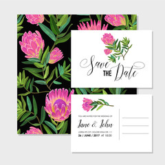 Wedding Invitation Template Set with Pink Protea Flowers. Save the Date Floral Card for Greetings, Anniversary, Birthday, Baby Shower Party. Botanical Design. Vector illustration